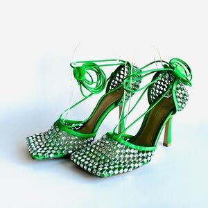 Bottega Veneta Green parakeet Mesh Leather Crystal Embellishments D'Orsay Pumps